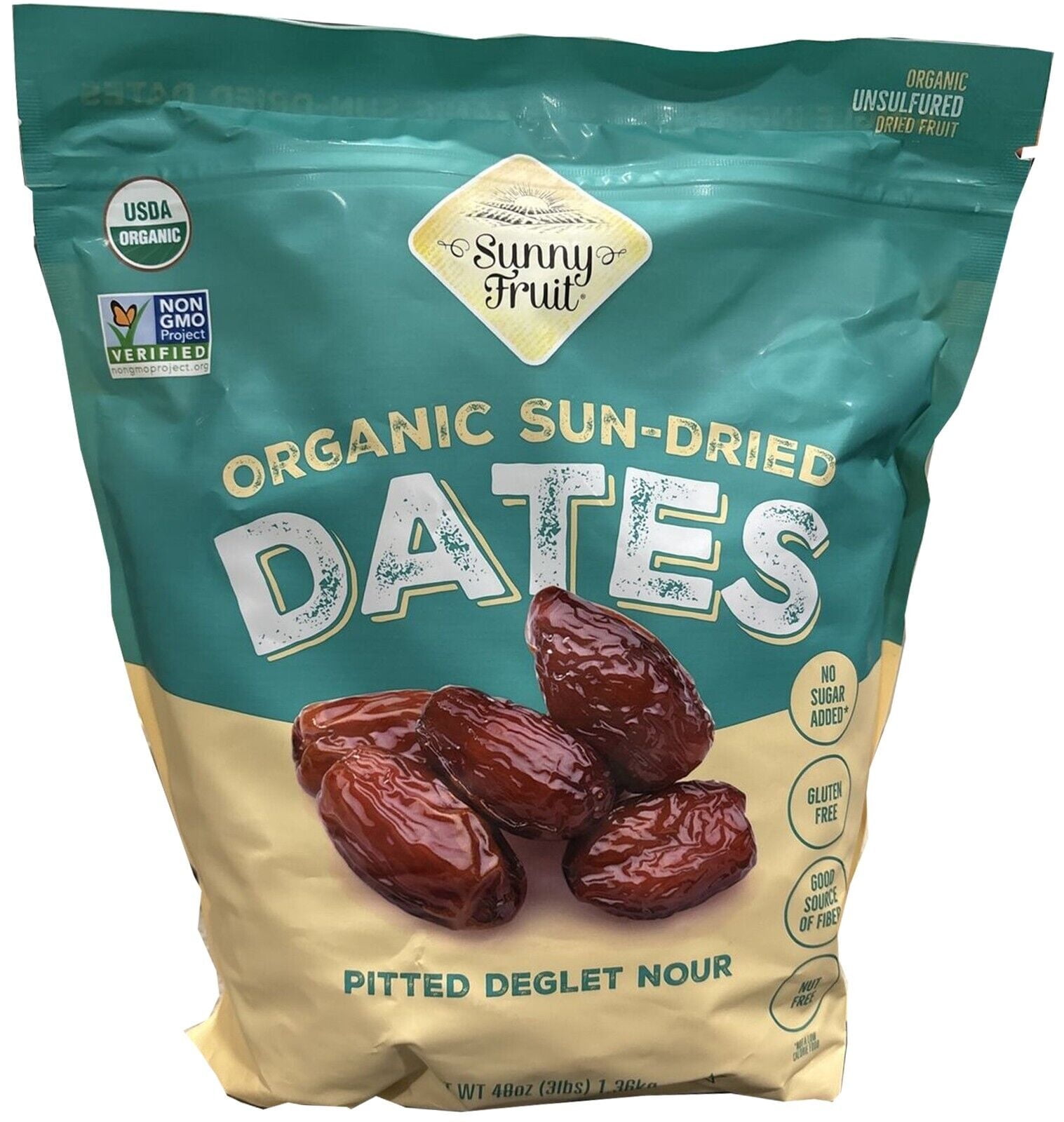 ORGANIC Pitted Dates (Deglet Nour) - Sunny Fruit 48oz Bulk Bag (3 lbs) | NO Added Sugars, Sulfurs or Preservatives | NON-GMO, VEGAN, HALAL & KOSHER