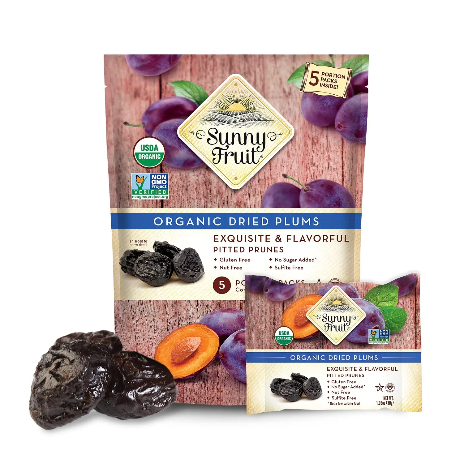 ORGANIC Prunes - Sunny Fruit - (5) 1.06oz Portion Packs per Bag | Purely Dried Plums - NO Added Sugars, Sulfurs or Preservatives | NON-GMO, VEGAN \u0026 HALAL