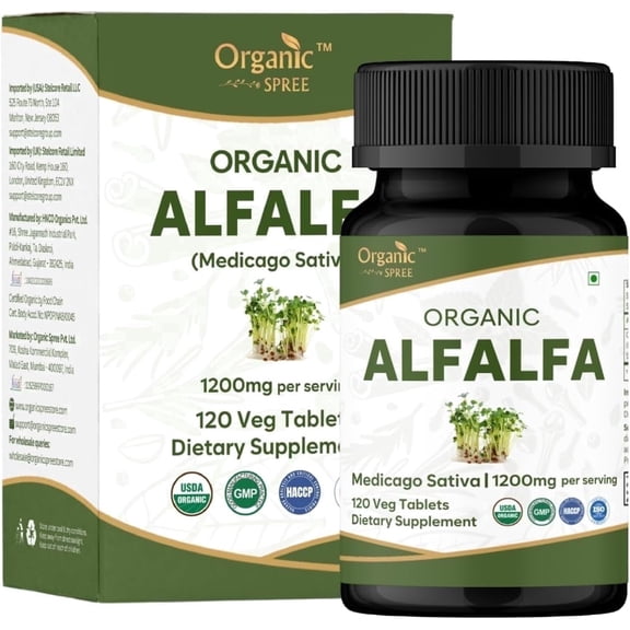 ORGANIC SPREE Alfalfa Tablets 120 Count Medicago Sativa Herbal Supplement USDA Organic Certified Vegetarian Ayurvedic Tablets