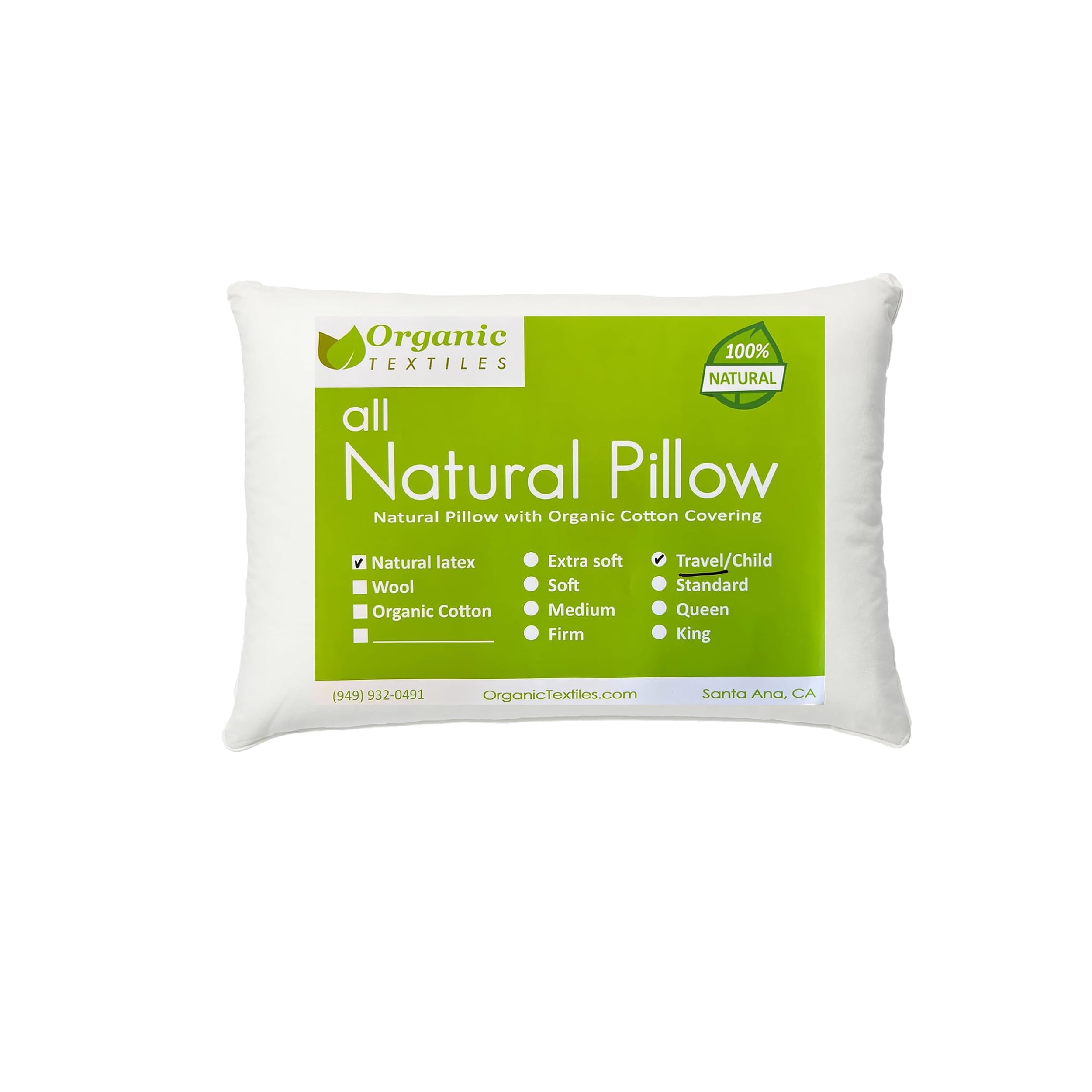 Organic Textiles Natural Talalay Latex Pillow – Cooling Latex Pillow for Sleeping – Breathable Neck Support Pillow with GOTS Organic Cotton Cover - (Travel, Medium) - Pack of 1
