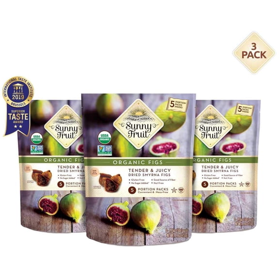 ORGANIC Turkish Dried Figs - Sunny Fruit - (3 Bags) - (5) 1.76oz Portion Packs per Bag | Purely Figs - NO Added Sugars, Sulfurs or Preservatives | NON-GMO, VEGAN, HALAL & KOSHER