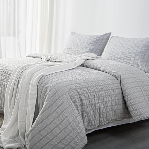 Organictune 3 Piece Seersucker Textured Stripe Duvet Cover Set, Breathable and Cool Comforter Cover Set with Zipper & Corner Ties, Light Gray, Queen