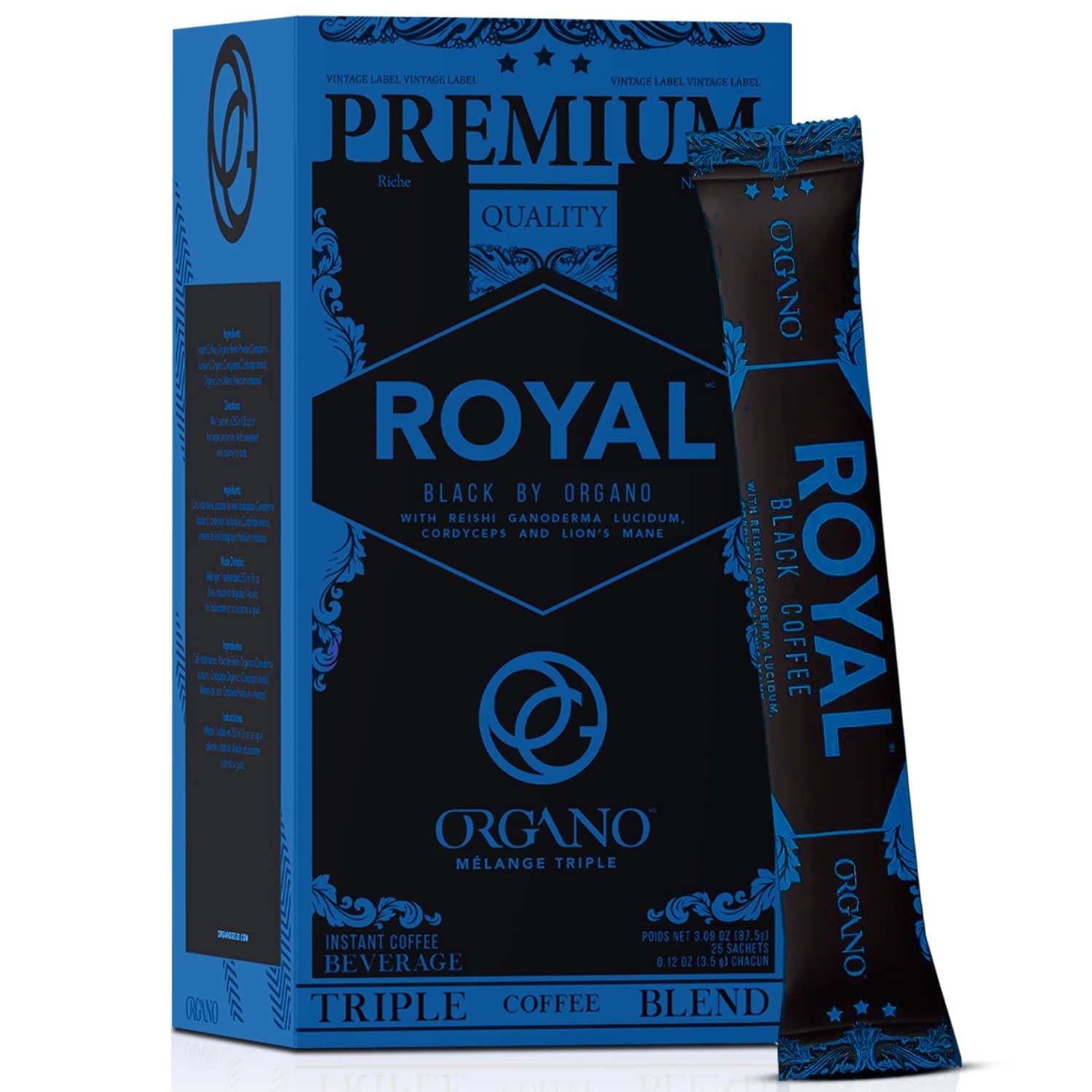 ORGANO Royal Black | 25 Stick Packs | Medium Dark Roast Instant coffee base | With Triple Mushroom Blend, Ganoderma, Cordyceps Sinensis and Lion's Mane