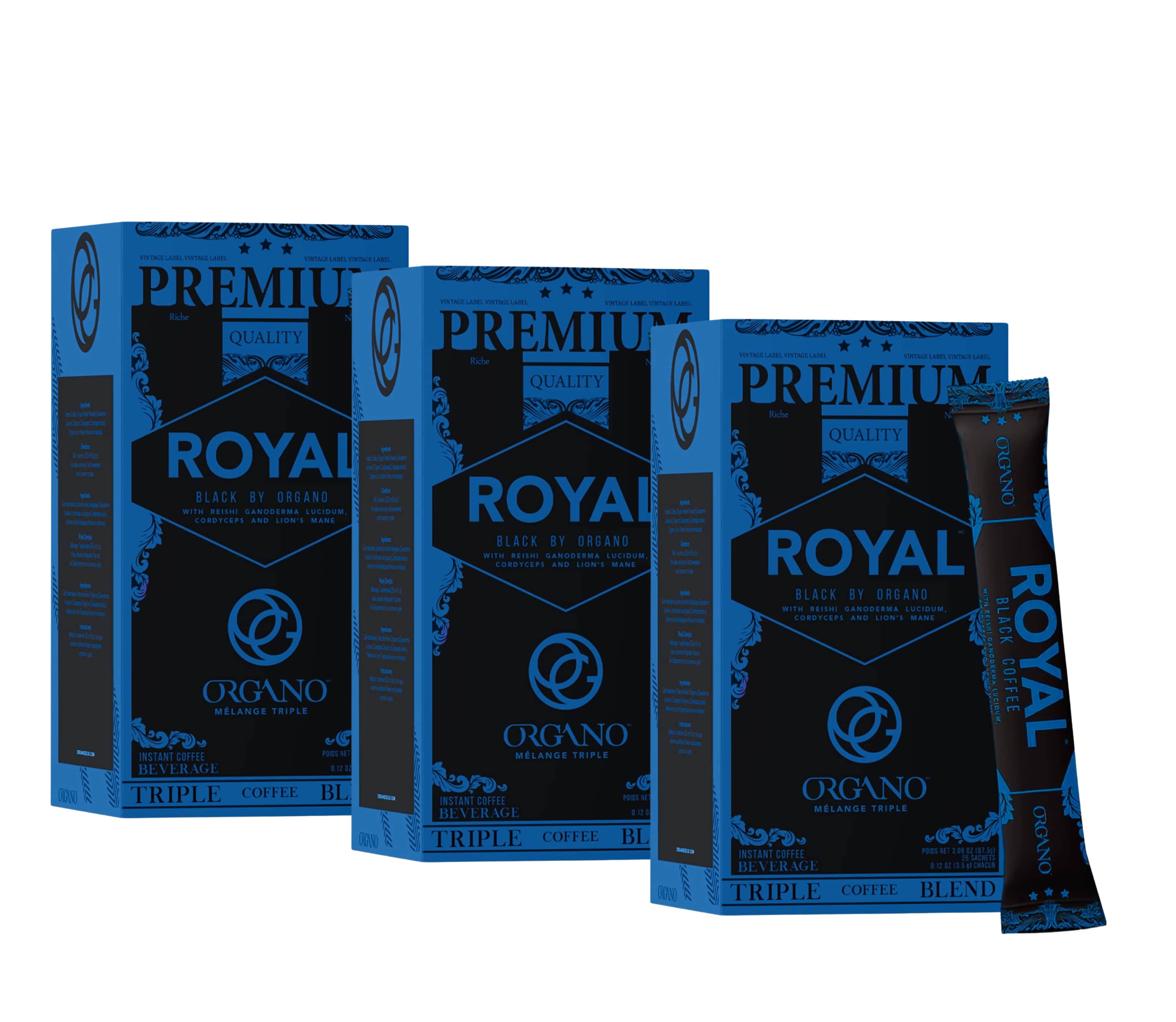 ORGANO Royal Black Medium Dark Roast Instant coffee. Infused with Triple Mushroom Blend, Ganoderma, Cordyceps and Lion's Mane. Aromatic and flavorful Ground Coffee Beans (25 Sachets) - 3 Pack
