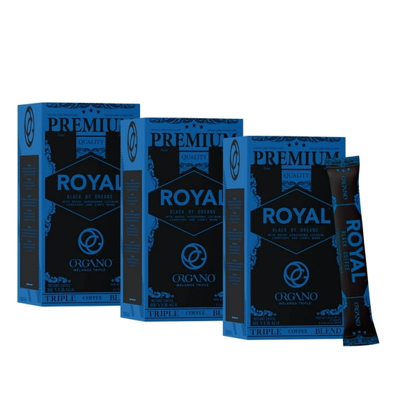 ORGANO Royal Black Medium Dark Roast Instant coffee. Infused with Triple Mushroom Blend, Ganoderma, Cordyceps and Lion's Mane. Aromatic and flavorful Ground Coffee Beans (25 Sachets) - 3 Pack