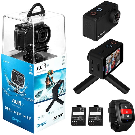 ORGOO OC1/BLK Swift 4K Action Camera Electronic Image Stabilization, Sony Image Sensor, 2 IPS Touchscreen, Accessories (Ip68 Certified Waterproof Case, Wearable Remote, Mini Tripod, and More)