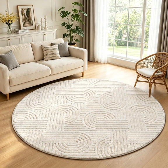 ORGOWEL 5'x5' Round Washable Area Rugs Soft Neutral Geometric Bohemian Carpet Non Slip Durable Indoor Rugs for Living Room,Bedroom,Dining Room,Home Office,Cream White