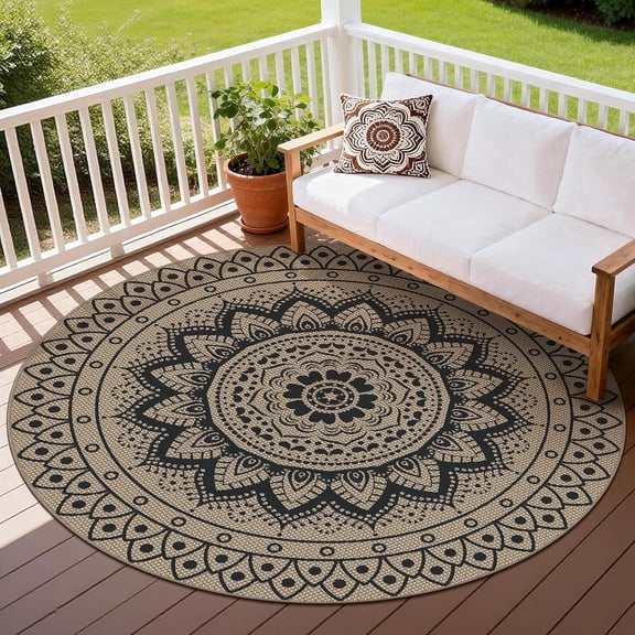 ORGOWEL Easy Jute Outdoor Round Rug,6ft Washable Indoor Outdoor Patio Rug,Black Non Slip Round Area Rug Farmhouse,Boho Carpet for Backyard Patio