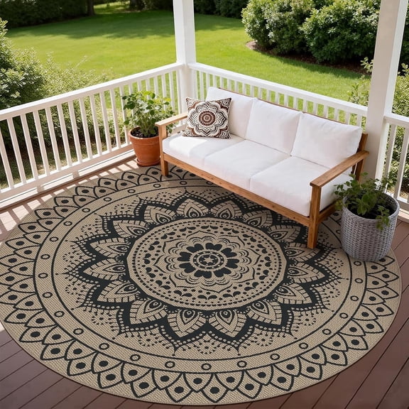 ORGOWEL Easy Jute Outdoor Round Rug,8ft Washable Indoor Outdoor Patio Rug,Black Non Slip Round Area Rug Farmhouse,Boho Carpet for Backyard Patio