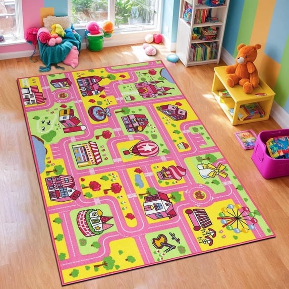 ORGOWEL kids Educational Rug for Playroom Area Rug Large Size Kids Play Rug Soft Non-Slip Washable Kid Car Road Carpet for Bedroom Playroom Nursery,Pink,3.3x5.2ft