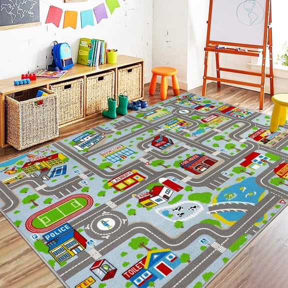 ORGOWEL Kids Carpet Playmat Rug 5'0''x6'6'', Kids Rugs for Bedroom, Non-Slip Town City Road Map Car Rugs for Kids Toy Cars, Track Carpet Play Rug for Playroom Classroom Decor (Sky Blue)