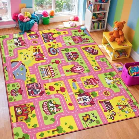 ORGOWEL kids Educational Rug for Playroom Area Rug Large Size Kids Play Rug Soft Non-Slip Washable Kid Car Road Carpet for Bedroom Playroom Nursery,Pink,5x6.6ft