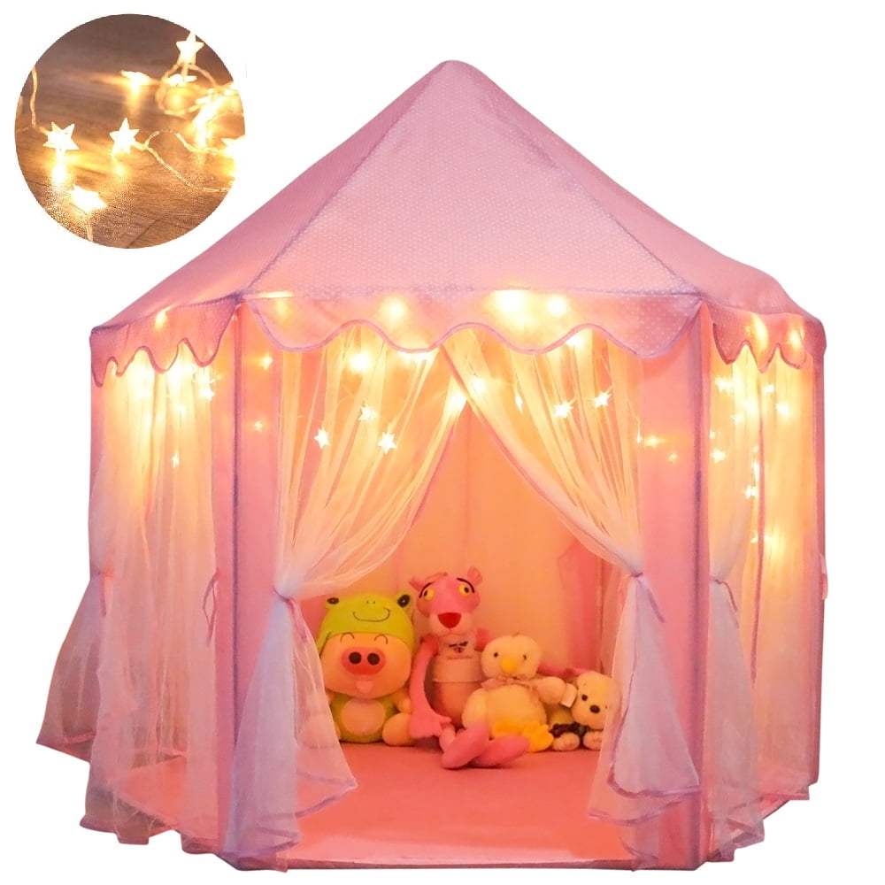 ORIAN Princess Castle Playhouse Tent for Girls with LED Star Lights Indoor & Outdoor Large Kids Play Tent for Imaginative Games Princess Tent, 230 Polyester Taffeta. Pink 55"x53".
