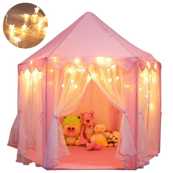 ORIAN Princess Castle Playhouse Tent for Girls with LED Star Lights  Indoor & Outdoor Large Kids Play Tent for Imaginative Games   Princess Tent, 230 Polyester Taffeta. Pink 55"x53".