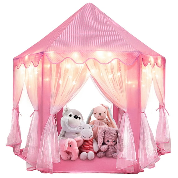 Princess Castle Playhouse Tent for Girls with LED Star Lights – Indoor & Outdoor Large Kids Play Tent for Imaginative Games – Princess Tent, 230 Polyester Taffeta. Pink 55"x53".