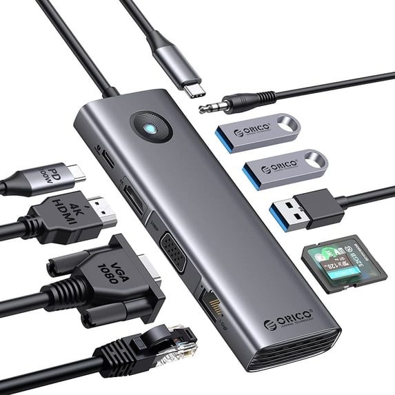 ORICO 10 in 1 USB C Docking Station Dual Monitor Laptop Docking Station with HDMI 4K, VGA, 3 USB Port, PD 100W, SD&TF, 3.5mm Audio, Gigabit Ethernet Type C Multiport USB C Hub Adapter