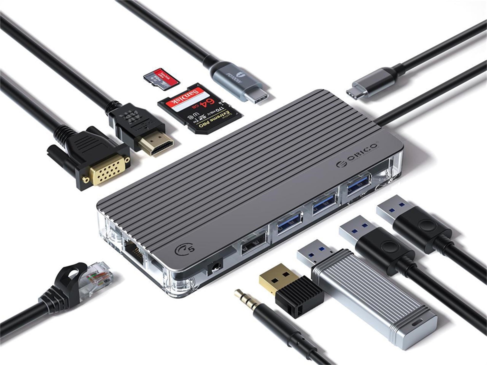ORICO 11 in 1 USB C Hub Adapter USB C Docking Station Dual Monitor with HDMI 4K@30Hz VGA 3 USB 3.0(5Gbps) USB 2.0(480Mbps) RJ45 PD100W Charging 3.5mm Audio SD/TF