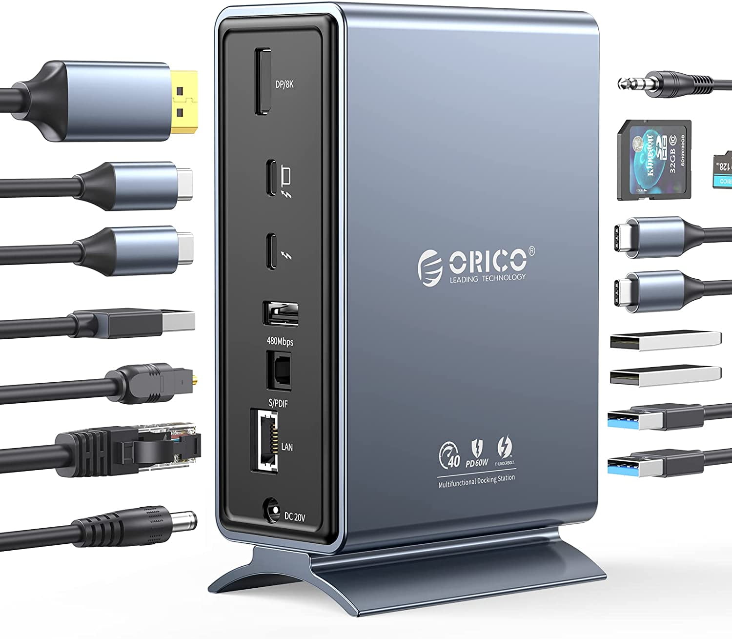 ORICO 15 in 1 USB C Docking Station Dual Monitor USB C Hub with Thunderbolt  3 Dock, Single 8K & Dual 4K Display, DP1.4, 3*USB 10G, Optical Out, SD/TF,  Audio, RJ45 Docking