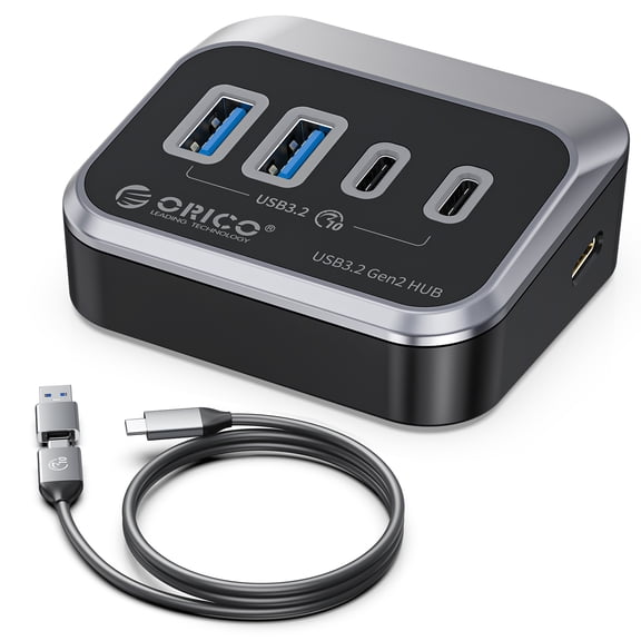 ORICO 4 Port USB C Hub, 10Gbps USB 3.2 Gen2 Splitter Adapter with 2 USB A and 1 USB C Port, 34 Ergonomic Tilt Design, External 5V Power Supply Port for Laptop Desktop (Charging Not Supported)