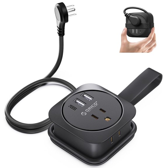 ORICO 5-in-1 Travel Power Strip Flat Plug Power Strip 2 Outlets 3 Port Long Extension Cord for Cruise