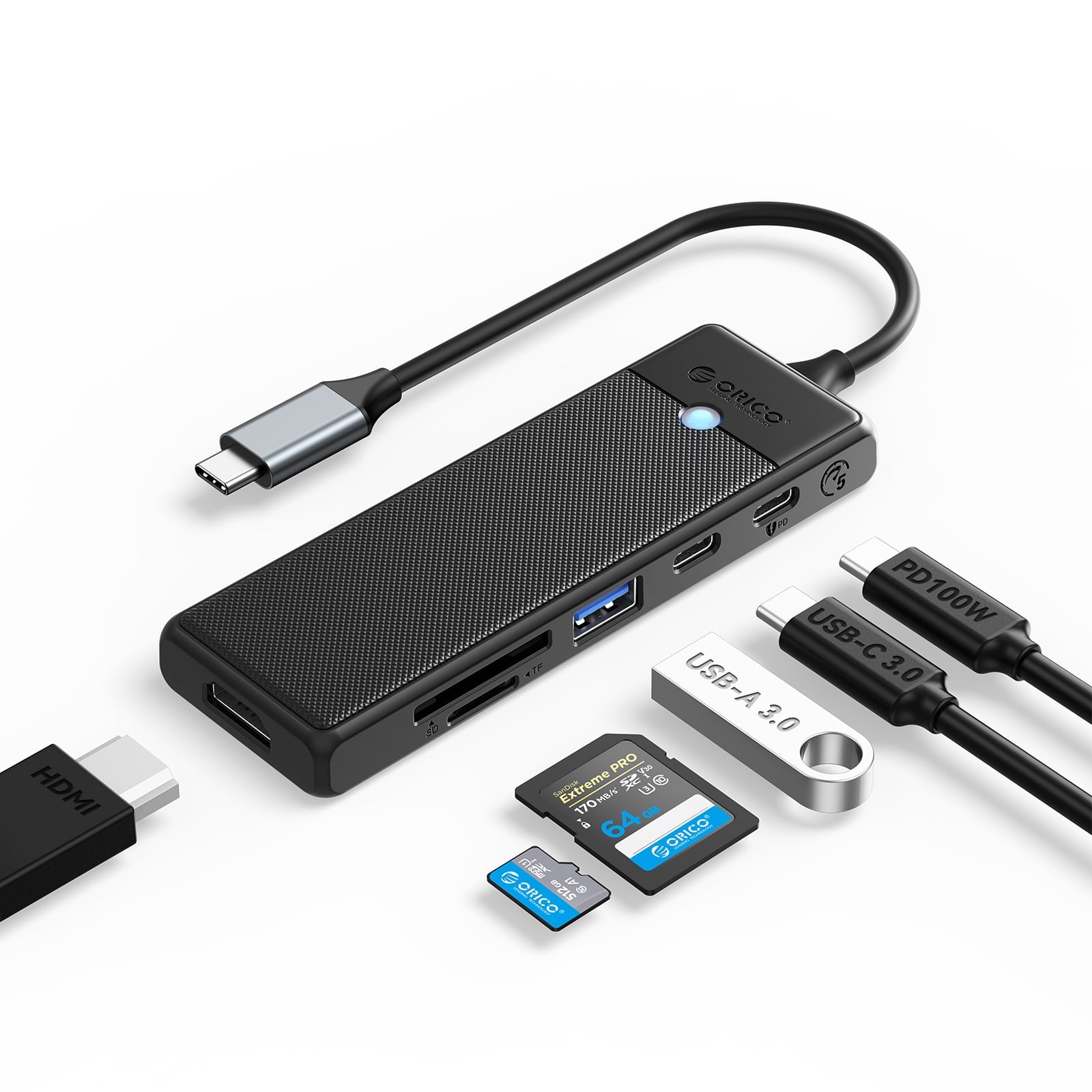 ORICO 6 IN 1 Type-C Laptop Docking Station with 4K@30HZ HDMI, PD 100W, SD/TF, USB A Port, USB C Port HUB For Windows Mac
