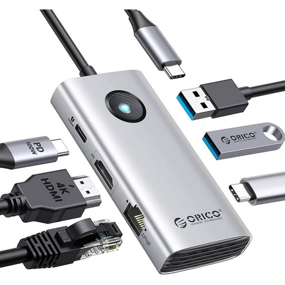 ORICO 6-in-1 USB C Docking Station USB C to Ethernet 2.5G Adapter with 4K HDMI, PD 100W, 2 USB 3.0 Port, 1 USB C Port 5 Gbps, 2.5G Ethernet Type C Multiport USB C Hub for Windows Mac