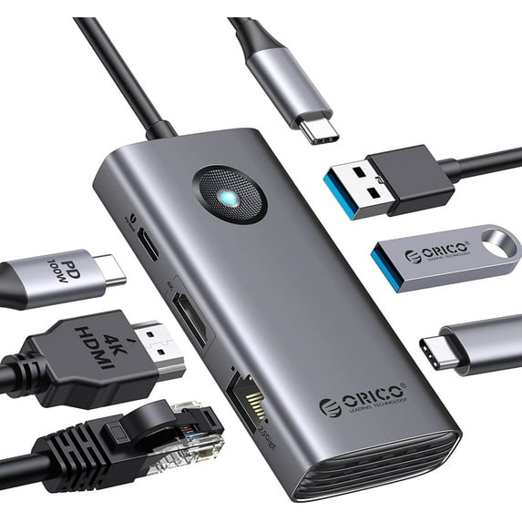 ORICO 6-in-1 USB C Docking Station with HDMI USB C to HDMI Adapter for Laptop with PD 100W, 2 USB 3.0 Port, 1 USB C Port 5 Gbps, 2.5G Ethernet Type C Multiport USB C Hub