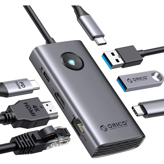 ORICO 6-in-1 USB C Docking Station with HDMI USB C to HDMI Adapter for Laptop with PD 100W, 2 USB 3.0 Port, 1 USB C Port 5 Gbps, 2.5G Ethernet Type C Multiport USB C Hub
