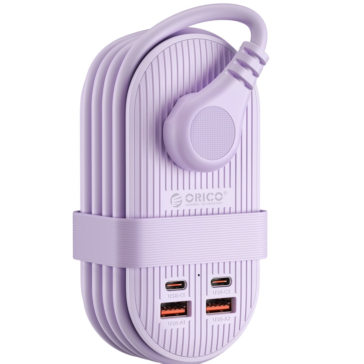 ORICO 65W USB Travel Power Strip, 7 in 1 Charging Station with 3AC, 2 USB-A, 2 USB-C, Flat Plug and 4ft Thin Extension Cord, Fast Charger for MacBook, iPad, iPhone(65W,PURPLE)