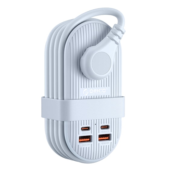 ORICO 7-in-1 Portable Travel Power Strip with USB Ports – 4.4ft Flat Plug Extension Cord with 3 AC Outlets, 2 USB-A, 2 USB-C (45W), Cruise Ship Approved Compact Charging Station(BLUE)