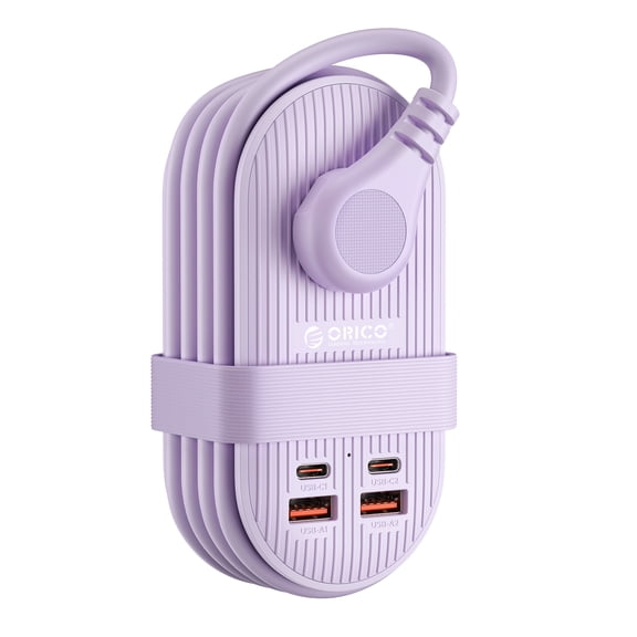 ORICO 65W 7-in-1 Portable Travel Power Strip with USB Ports – 4.4ft Flat Plug Extension Cord with 3 AC Outlets, 2 USB-A, 2 USB-C , Cruise Ship Approved Compact Charging Station(65W,PURPLE)