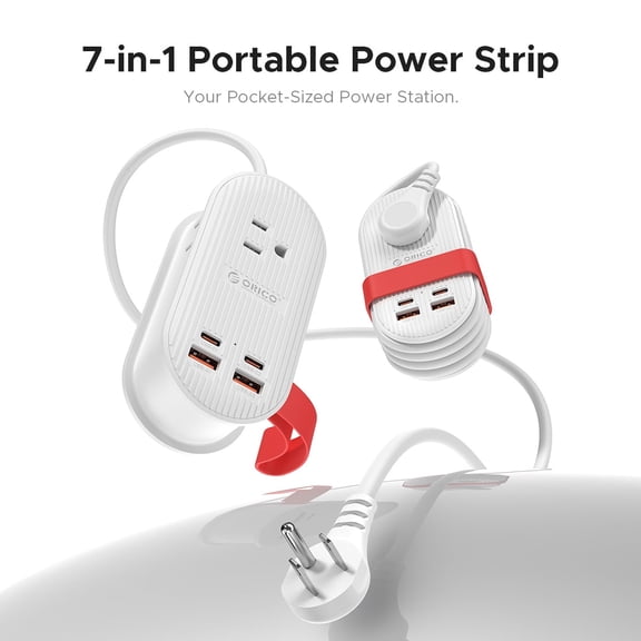 ORICO 7 in 1 Travel Power Strip, Cruise Approved, Flat Plug, 3 AC 4 USB, for Cruise Hotel Dorm, White