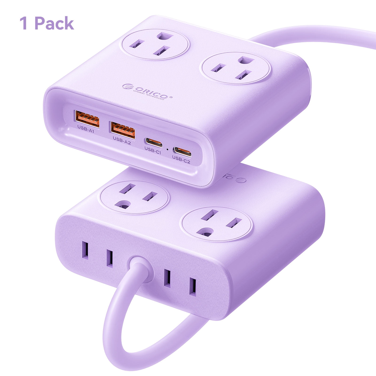 ORICO 25W GaN 8-in-1 Power Strip with 4 AC Outlets & 4 USB Ports (USB-A/USB-C), 5ft Flat Plug Outlet Extender for Home Office Travel(PURPLE)
