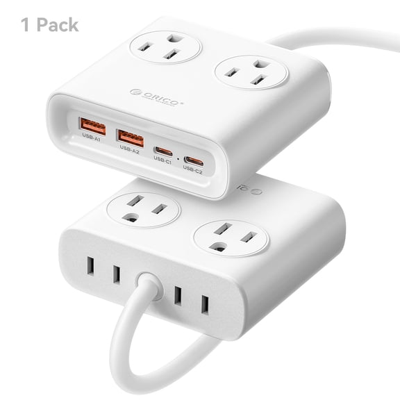 ORICO 25W GaN 8-in-1 Power Strip with 4 AC Outlets & 4 USB Ports (USB-A/USB-C), 5ft Flat Plug Outlet Extender for Home Office Travel(WHITE)