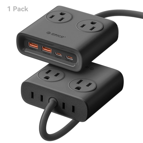 ORICO 25W GaN 8-in-1 Power Strip with 4 AC Outlets & 4 USB Ports (USB-A/USB-C), 5ft Flat Plug Outlet Extender for Home Office Travel(BLACK)