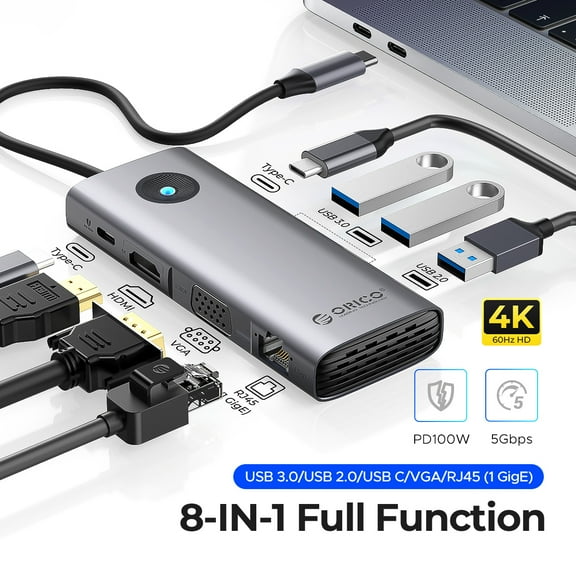 ORICO 8-in-1 USB C Docking Station Dual Monitor Laptop Docking Station with HDMI 4K@60Hz, VGA,PD 100W, RJ45 Ethernet,USB Ports for Macbook Air, Macbook Pro