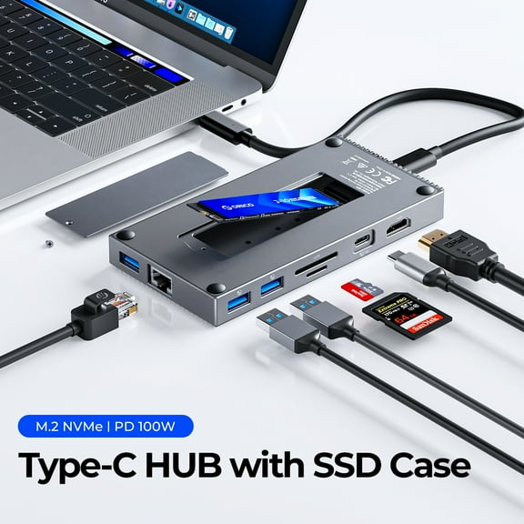 ORICO 9 in 1 USB-C Hub with M.2 NVMe SSD Enclosure, 4K USB C Docking Station with HDMI Docking Station for Laptop PD100W SD/TF Card Reader(No SSD)