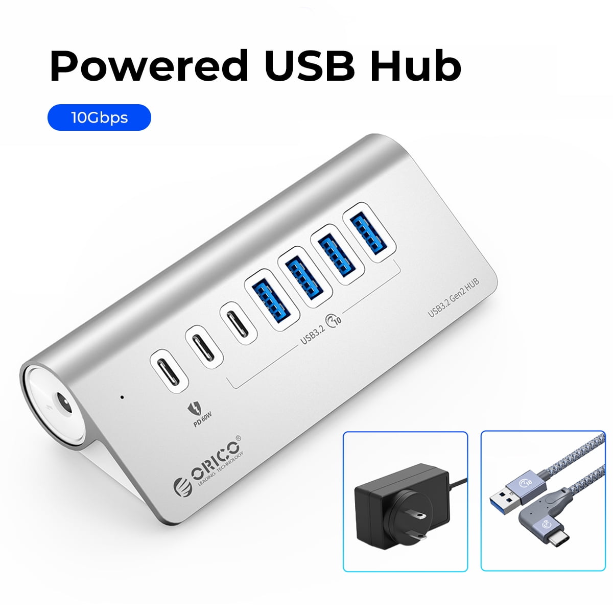 ORICO Powered USB Hub 10Gbps, 7 Port USB 3.2 Gen 2 Hub with 6 USB 3.2