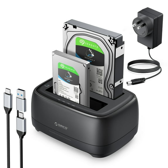 ORICO Dual Bay Hard Drive Docking Station with Offline Clone USB 3.2 Gen 1 Type-C to SATA HDD Docking Station for 2.5&3.5 Inch SSD HDD Up to 40 TB with 12V Power , Tool-Free and UASP Supported