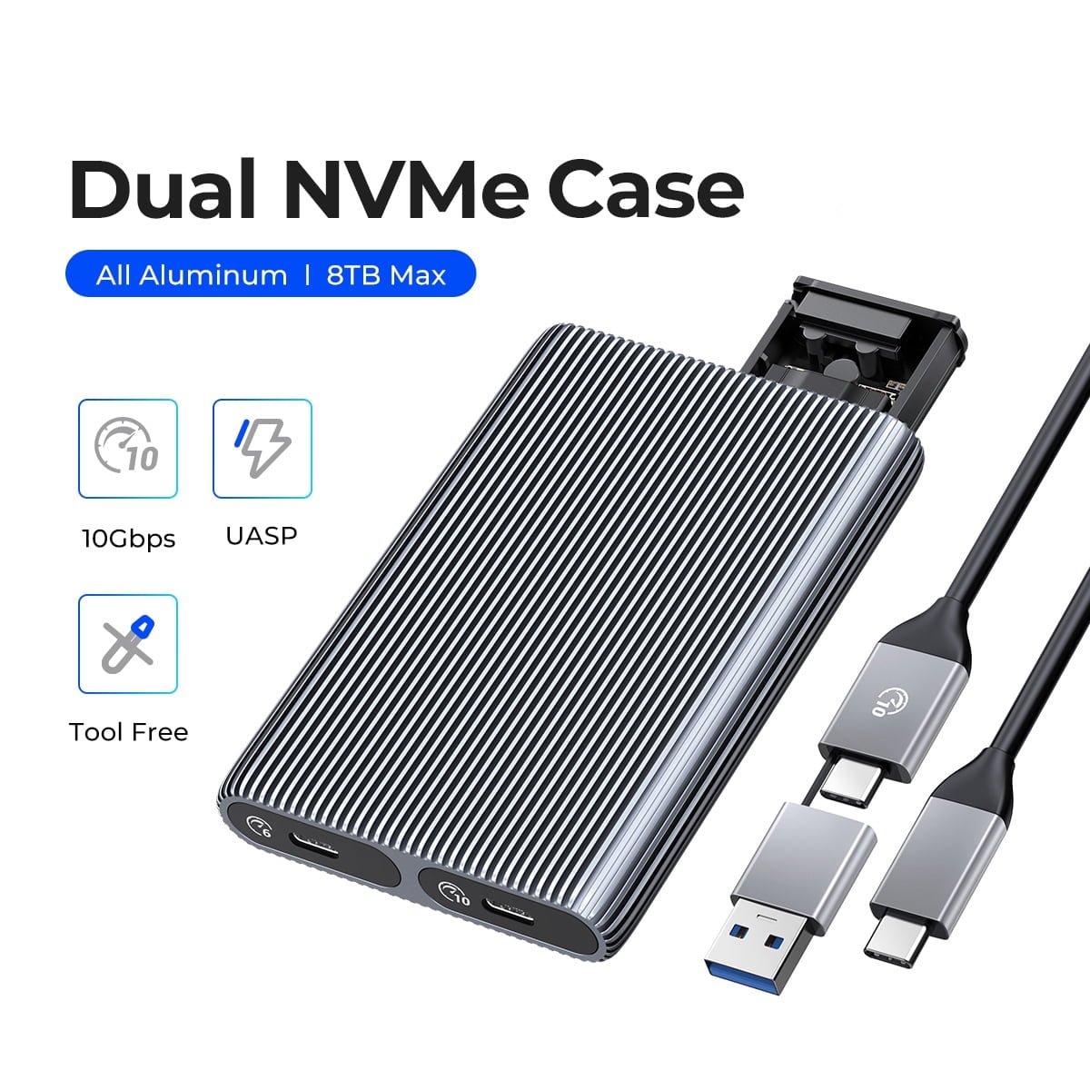 ORICO Tool-free Dual Bay M.2 NVMe SSD Enclosure, Aluminum, USB C to NVMe, Support Trim UASP, 2x4TB Max (No Drive)