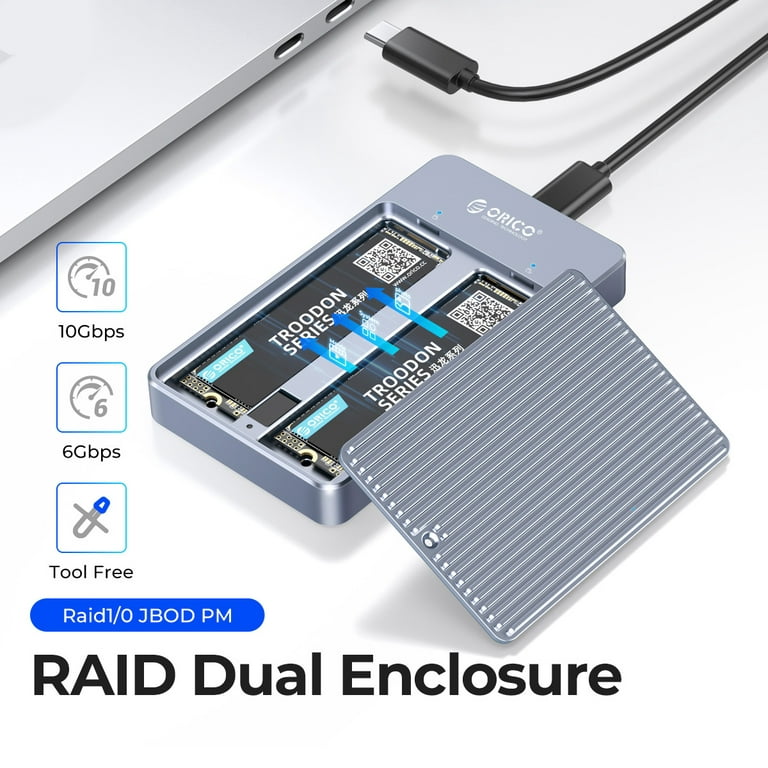ORICO Dual Bay M.2 SATA SSD Enclosure Raid with PM/Raid0/Raid1/JBOD Mode 10Gbps, Size: 2230, Gray
