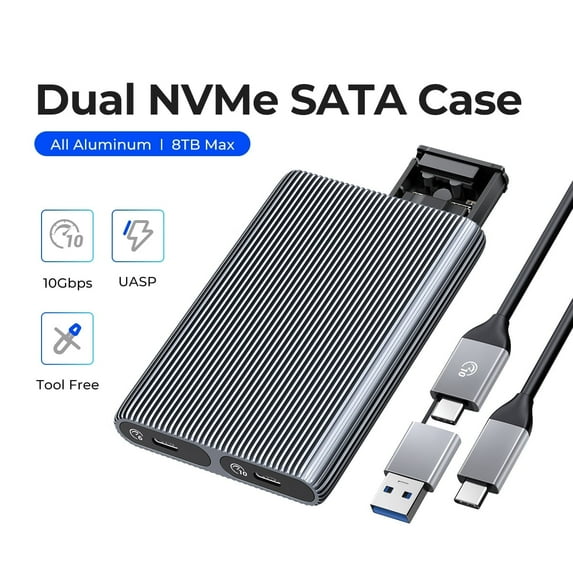ORICO Dual Bay m.2 SSD Enclosure SATA NVMe Dual Protocol Aluminum Enclosure Tool-Free External Hard Drive Enclosure Case for M Key PCIe & B+M Key 2230/2242/2260/2280