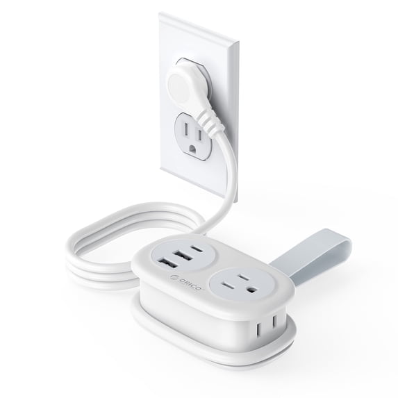 ORICO Pocket Power Strip for Travel, 5 in 1 Extension Cord with 2 AC Outlets 2 USB-A and 1 USB-C Ports, 3.7 ft Flat Plug Wrapped Around Power Strip for Cruise Office, Hotel, Home(White)