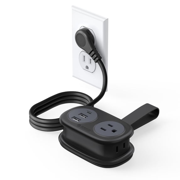 ORICO Pocket Power Strip for Travel, 5 in 1 Extension Cord with 2 AC Outlets 2 USB-A and 1 USB-C Ports, 3.7 ft Flat Plug Wrapped Around Power Strip for Cruise Office, Hotel, Home(Black)