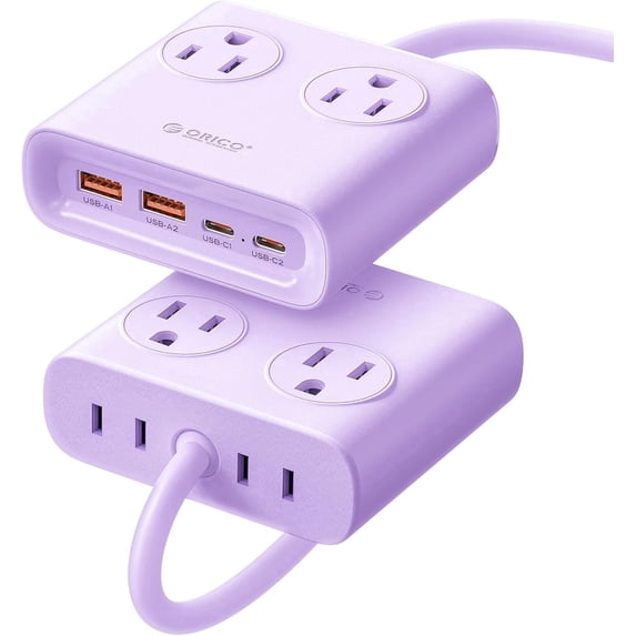 ORICO Power Brick, 25W GaN Power Strip, 8 in 1 Extension Cord with 4 AC Outlets and 2 USB-A and 2 USB-C Ports, 5ft Flat Plug White Outlet Extender for Home/Dorm/Travel-Purple (1 PCS)