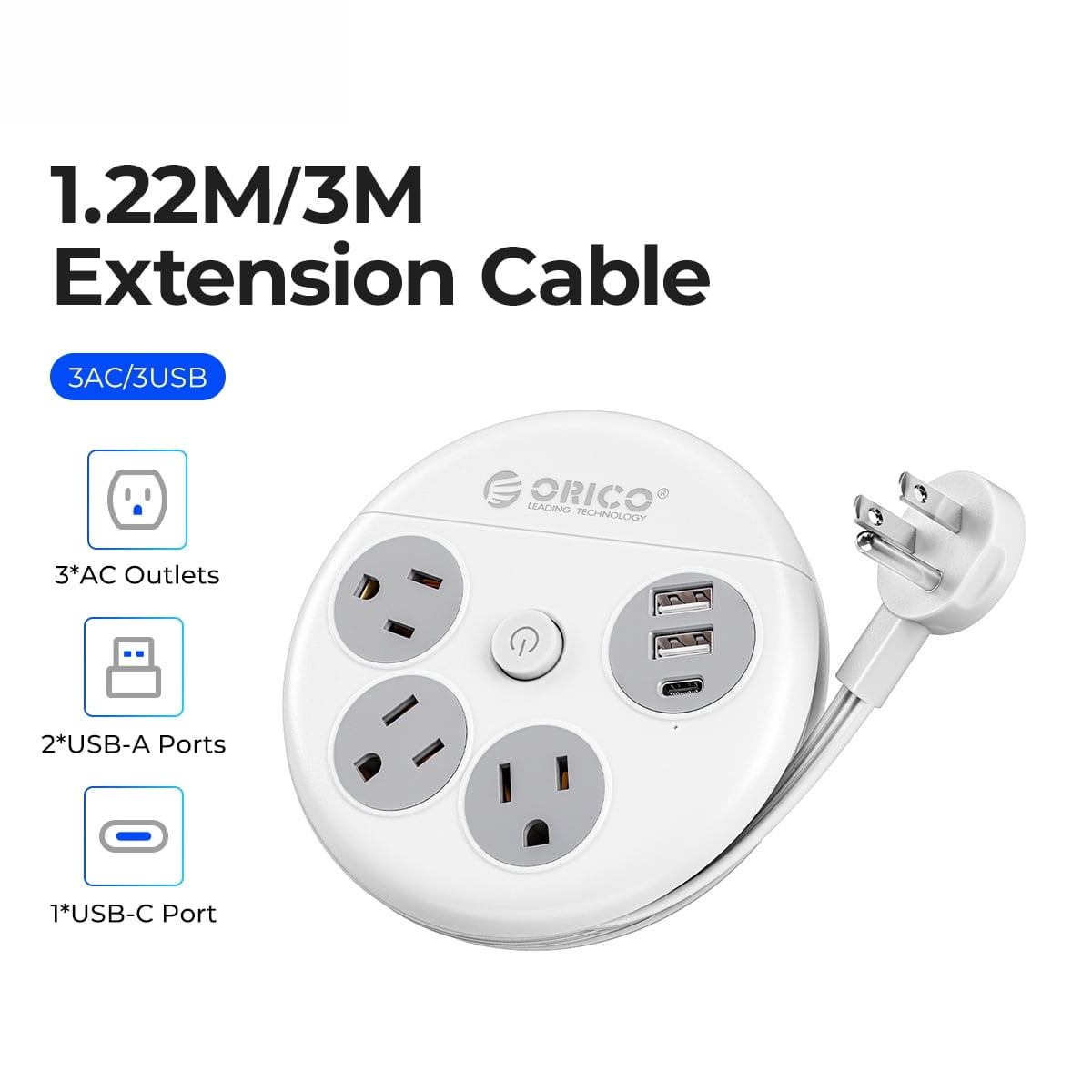 ORICO Power Strip with Switch , 3-Outlet USB Charging Station with 2 USB A & 1 USB C Ports, 4 ft Extension Wrapped Cord, Ultra Flat Plug, Wall Mount , Travel Cruise Office School Dorm Room Essentials