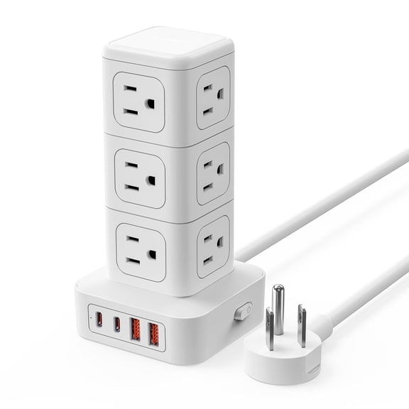 ORICO Power Strip Tower with Multiple Outlets, Tower Extension Cord with 12 AC Outlets 4 USB Ports (2 USB C), Space Saving Design, 5FT Cord Power Tower for Home, Office, Dorm - (White)