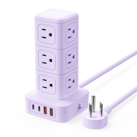 ORICO Power Strip Tower with Multiple Outlets, Tower Extension Cord with 12 AC Outlets 4 USB Ports (2 USB C), Space Saving Design, 5FT Cord Power Tower for Home, Office, Dorm - (Purple)