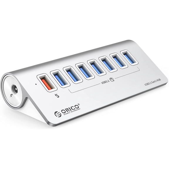 ORICO Powered USB Hub 3.0 Desk Aluminum USB Splitter Hub with 7 USB 3.0 Data Ports + 1 Fast Charging Ports 18w,12v3a Power USB Adapter with 3.28ft Cable