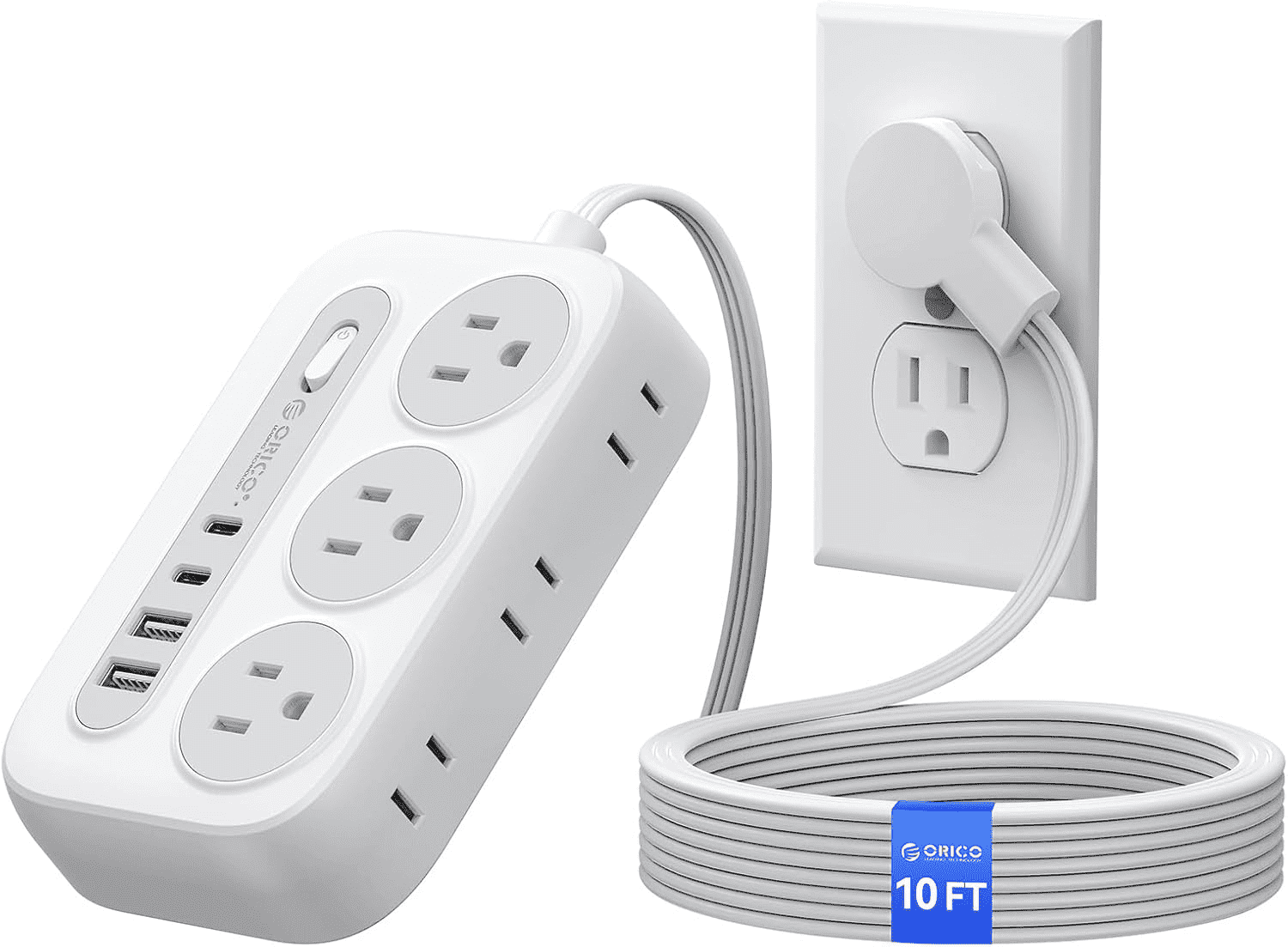 ORICO 10ft Surge Protector Power Strip with 6 Outlets & 4 USB Ports, Mountable Outlet Extender with USB-C for Home Office(White）